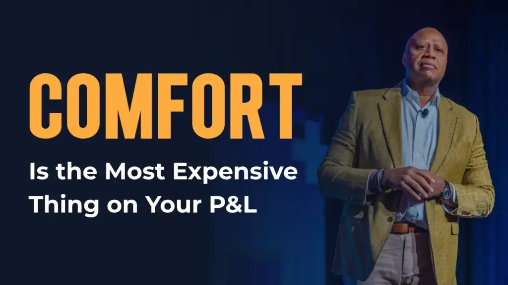 Blog post graphic titled "Comfort Is the Most Expensive Thing on Your P&L", featuring Walter Bond on stage