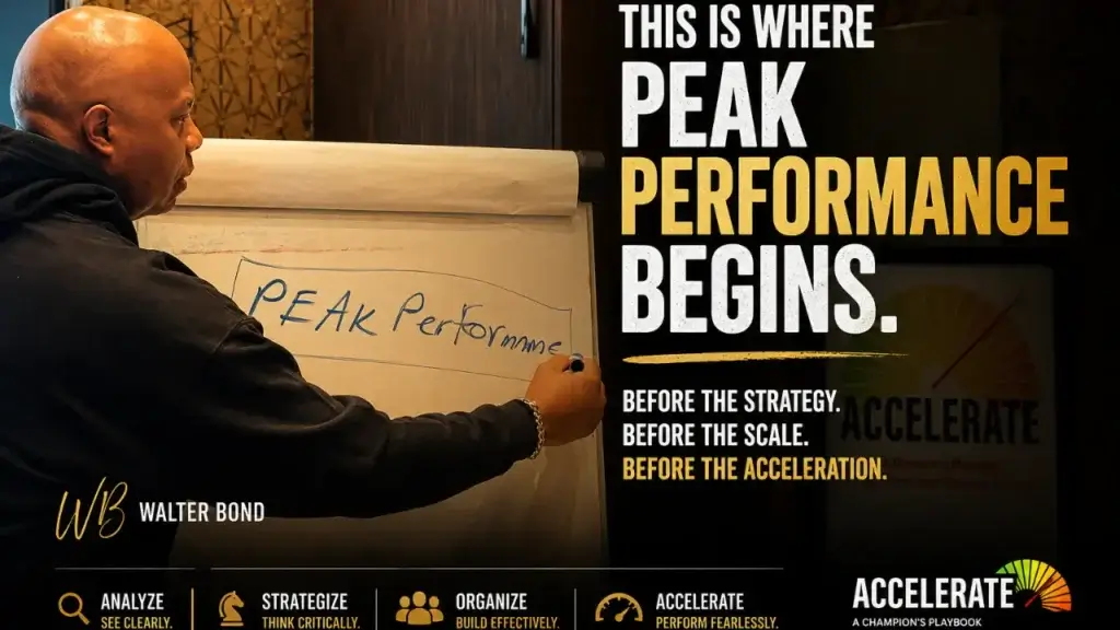 Blog post graphic titled "This Is Where Peak Performance Begins. Before the strategy. Before the scale. Before the acceleration." featuring Walter Bond writing "Peak Performance" on a flip chart, with the Accelerate program logo