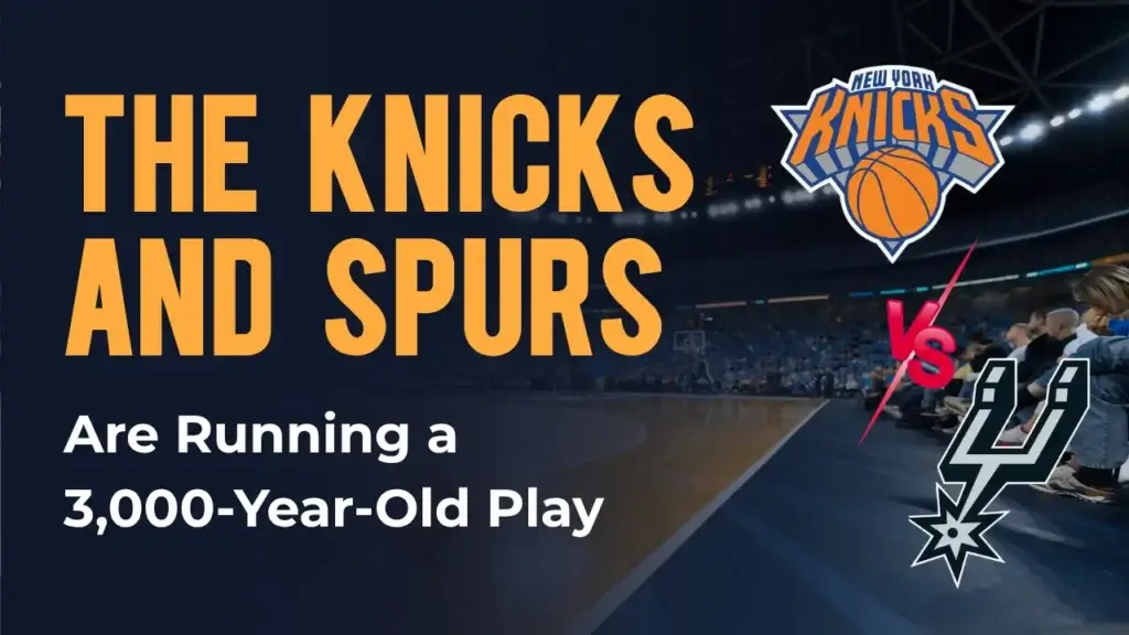 Blog post graphic titled "The Knicks and Spurs Are Running a 3,000-Year-Old Play", featuring New York Knicks and San Antonio Spurs logos over a basketball court background