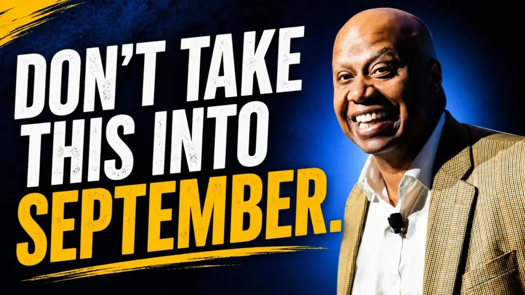 Featured image with the text "Don't Take This Into September" beside a desk calendar showing September, with a workspace representing planning, leadership, and new beginnings.